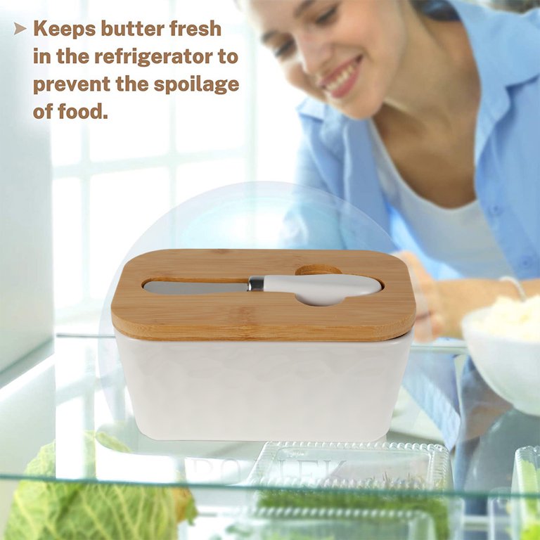 Butter Dishes Box Premium Quality Elite Range Heavy Fine Porcelain Butter Box, Butter Dish with Wooden Top Cover,Lid with a Knife -600 ML (WHITE)