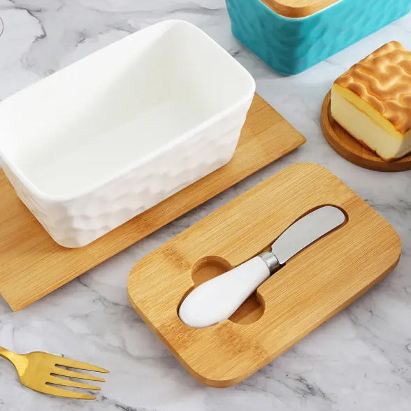 Butter Dishes Box Premium Quality Elite Range Heavy Fine Porcelain Butter Box, Butter Dish with Wooden Top Cover,Lid with a Knife -600 ML (WHITE)