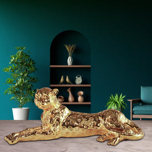 Light Gold Wild Animal Leopard Sculpture Resin Craft, Living Room Study Leopard Decoration 22x9 Inch