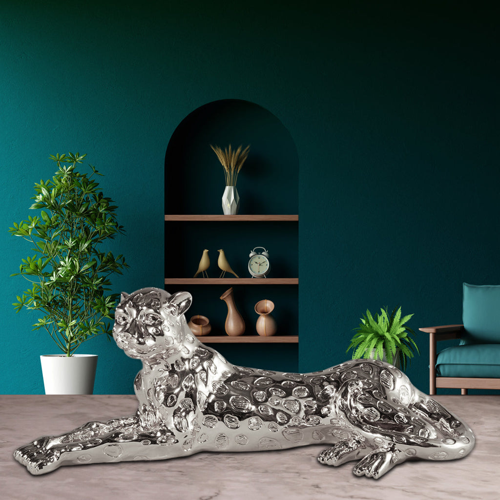Silver  Wild Animal Leopard Sculpture Resin Craft, Living Room Study Leopard Decoration 22x9 Inch