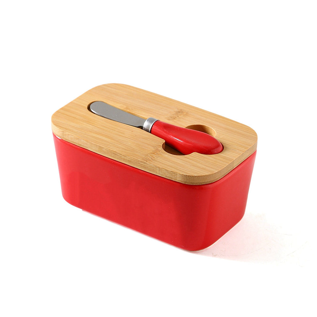 Butter Dishes Box Premium Quality Elite Range Heavy Fine Porcelain Butter Box, Butter Dish with Wooden Top Cover, Lid with a Knife -600 ML (RED)