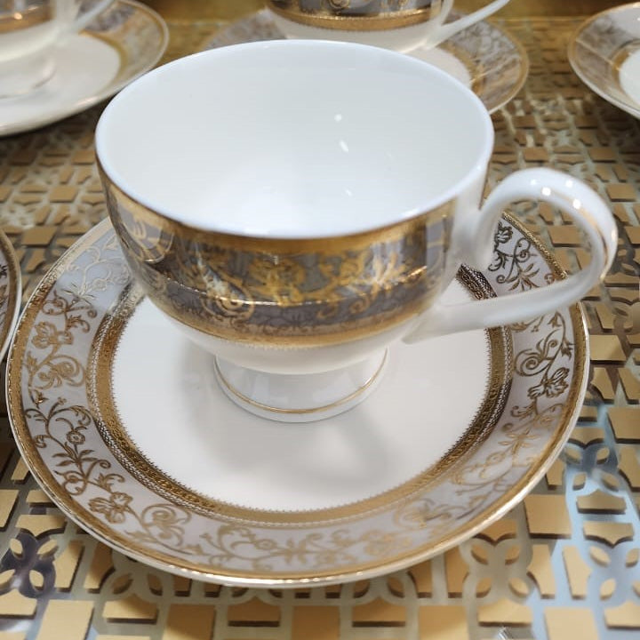 Luxury Embossed Gold Plated Cup & Saucer Royal Style Bone China, Set Of 6 (MADE IN JAPAN)