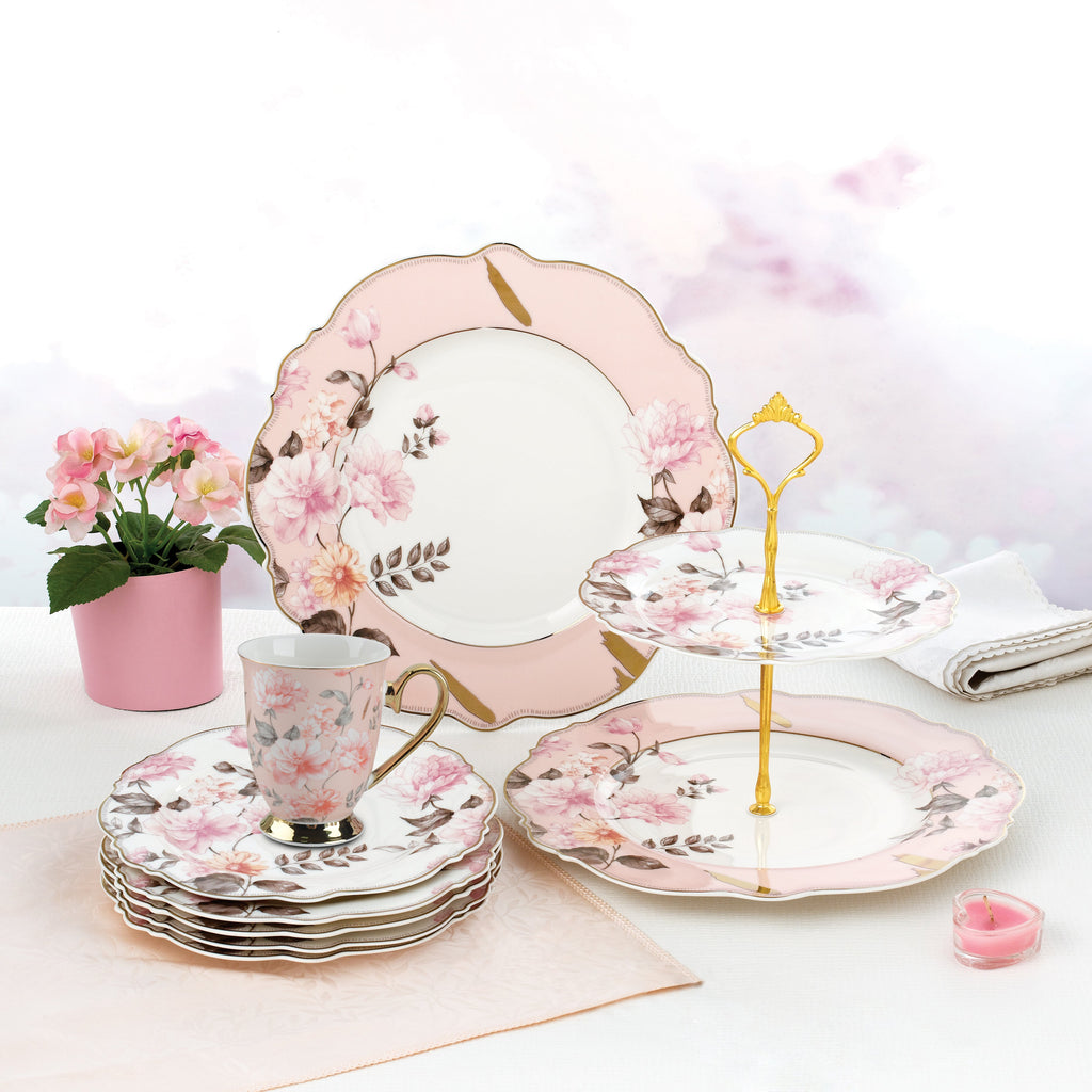 Two Tier Dessert Stand With 6 Plates Finest Premium Porcelain Set of 14pcs (A Complete Breakfast Set)