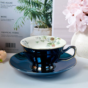 Fine English Bone China inner printed Cup and Saucer Dk Navy (Set of 6)