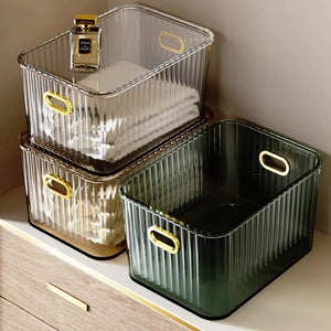 Portable Transparent Storage Bin Vanity Basket For Restaurant, Bathroom, Home . Green, white and Mustard. Set of 3
