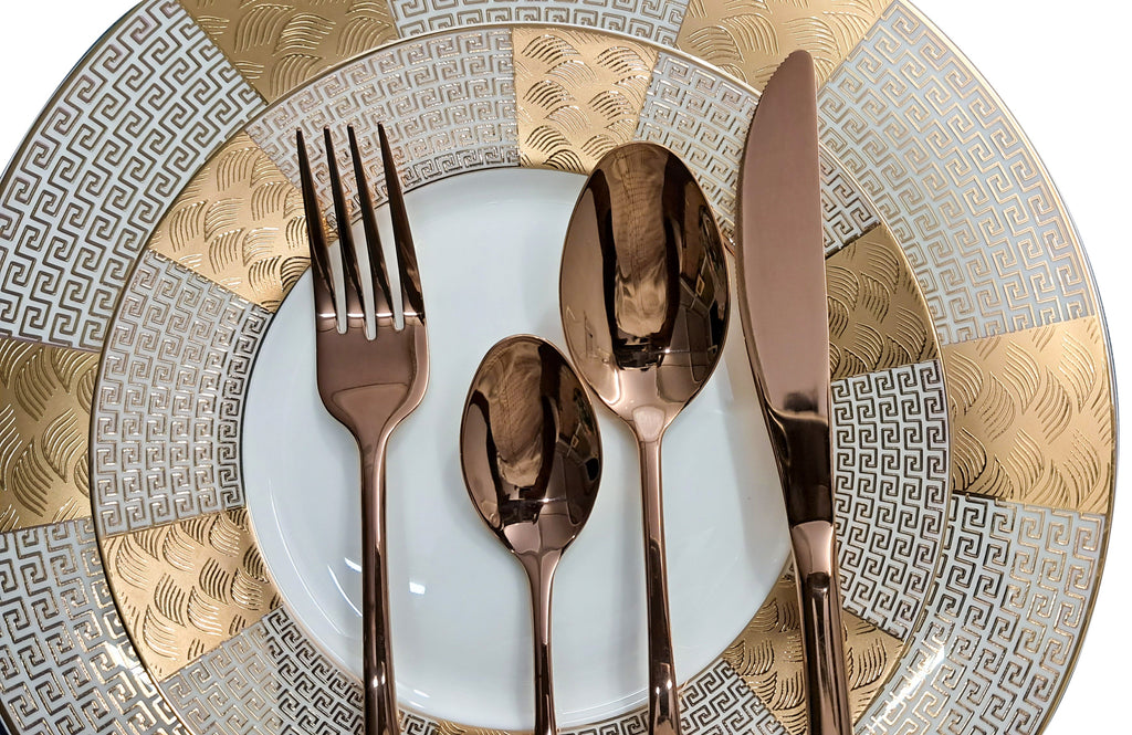 24pcs Luxury Chrome Plated Classic Cutlery Set Dinner Spoon Knives Fork Set Stainless Steel Tableware Dinner Set with Gift Box Rose Gold Pleated