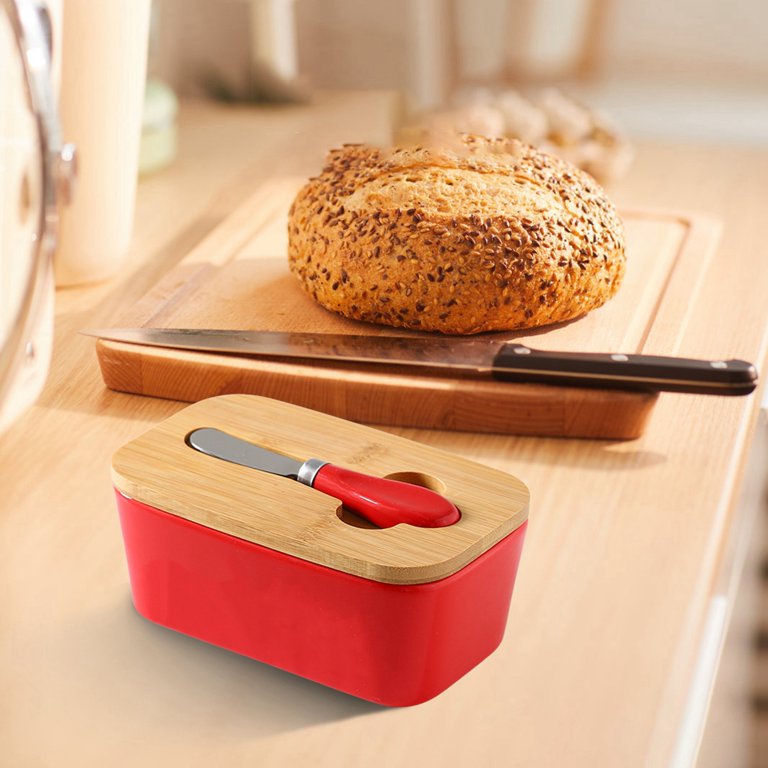 Butter Dishes Box Premium Quality Elite Range Heavy Fine Porcelain Butter Box, Butter Dish with Wooden Top Cover, Lid with a Knife -600 ML (RED)