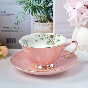 Fine English Bone China inner printed Cup and Saucer Pink (Set of 6)