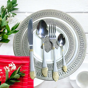 24pcs Luxury Chrome Plated Classic Cutlery Set Dinner Spoon Knives Fork Set Stainless Steel Tableware Dinner Set with Leather Gift Box Silver Gold