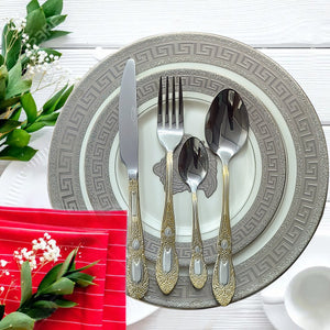 24pcs Luxury Chrome Plated Classic Cutlery Set Dinner Spoon Knives Fork Set Stainless Steel Tableware Dinner Set with Leather Gift Box Silver Gold