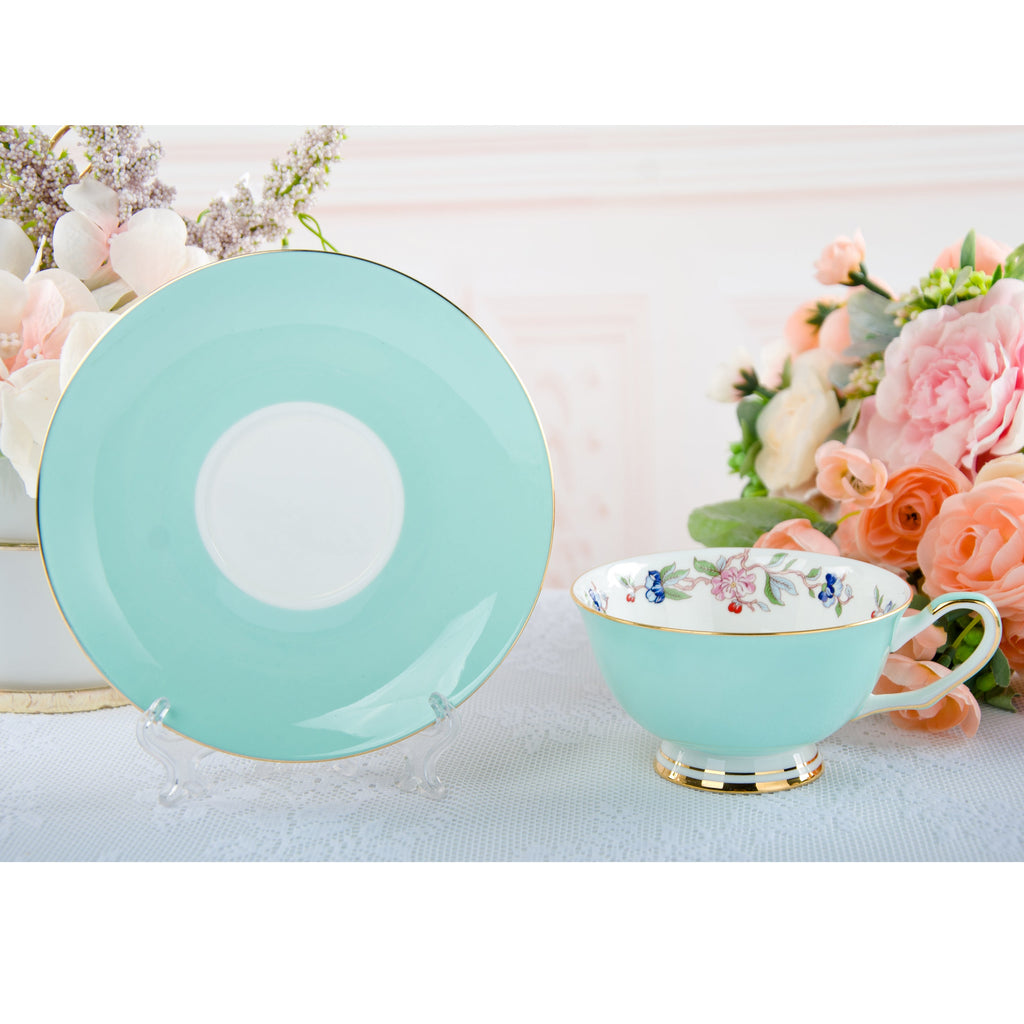 Fine English Bone China inner printed Cup and Saucer Sea Green (Set of 6)