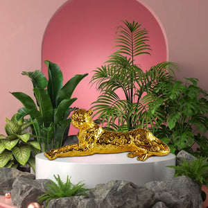 Golden Wild Animal Leopard Sculpture Resin Craft, Living Room Study Leopard Decoration 22x9 Inch