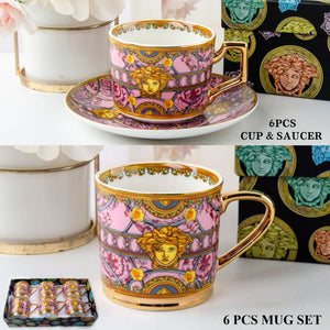 Elegant Fine Bone China 6 Cup Plate & 6 Mugs Set of 12 Pcs (Pink)